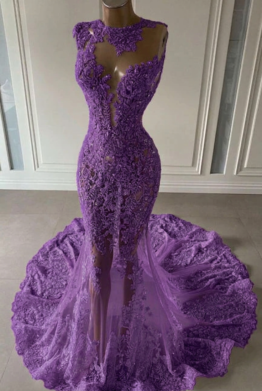 Grape scoop ruffled mermaid prom dress