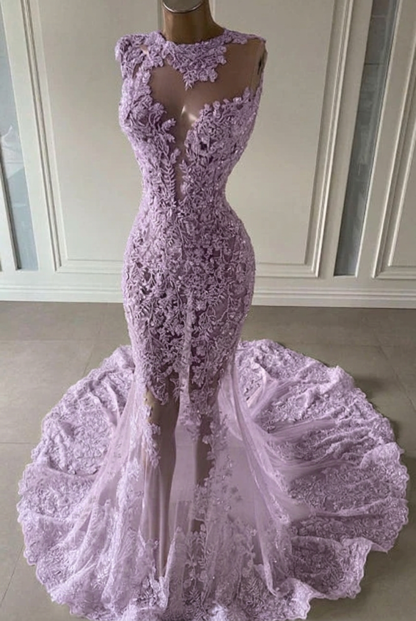 Lavender scoop ruffled mermaid prom dress