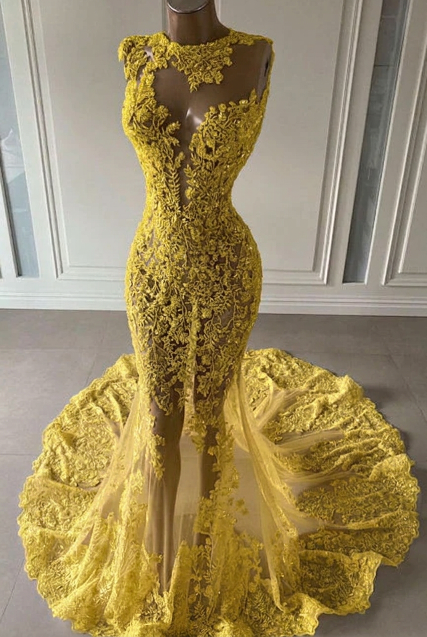 Yellow scoop ruffled mermaid prom dress