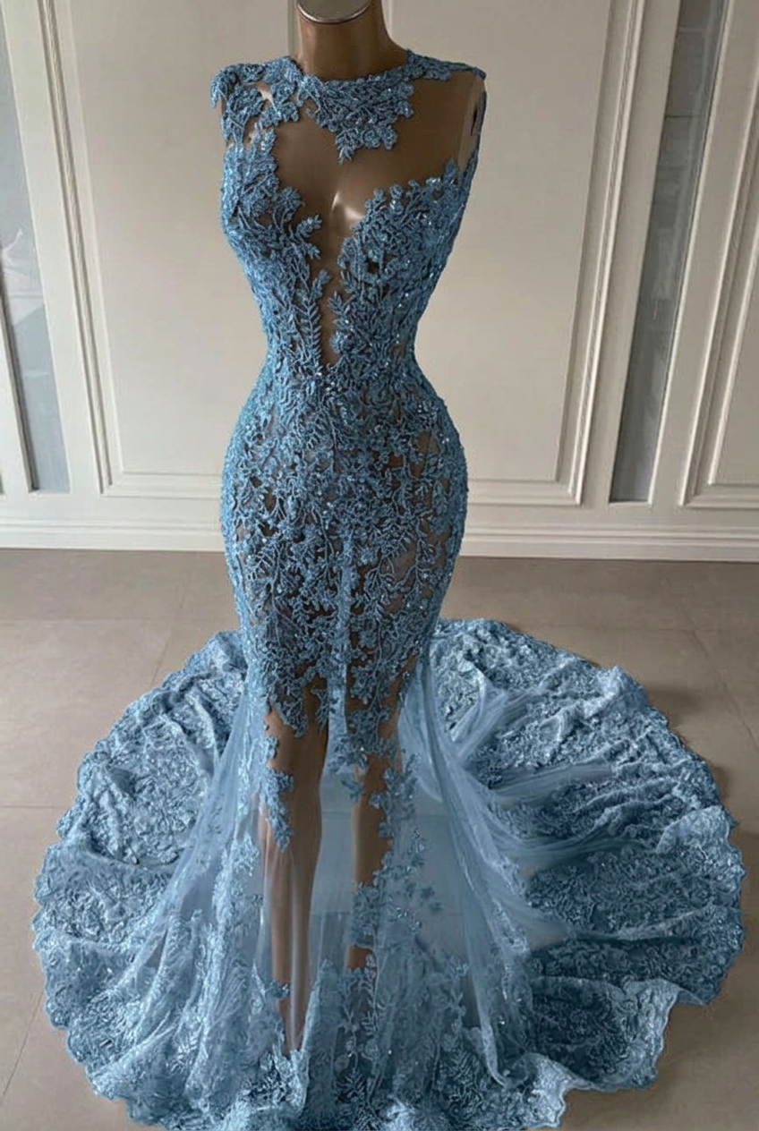 Dusty blue scoop ruffled mermaid prom dress