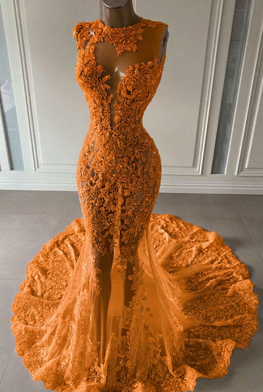 Orange scoop ruffled mermaid prom dress