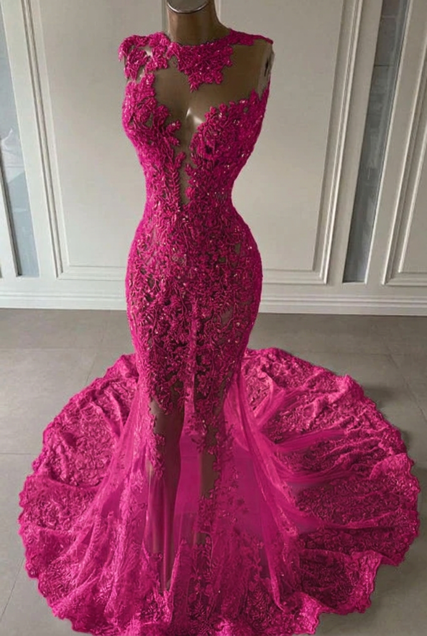 Fuchsia scoop ruffled mermaid prom dress