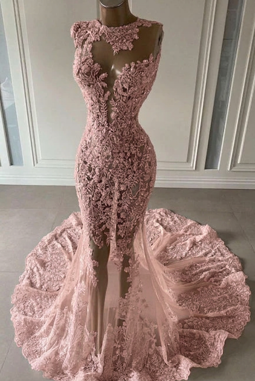 Blushing pink scoop ruffled mermaid prom dress