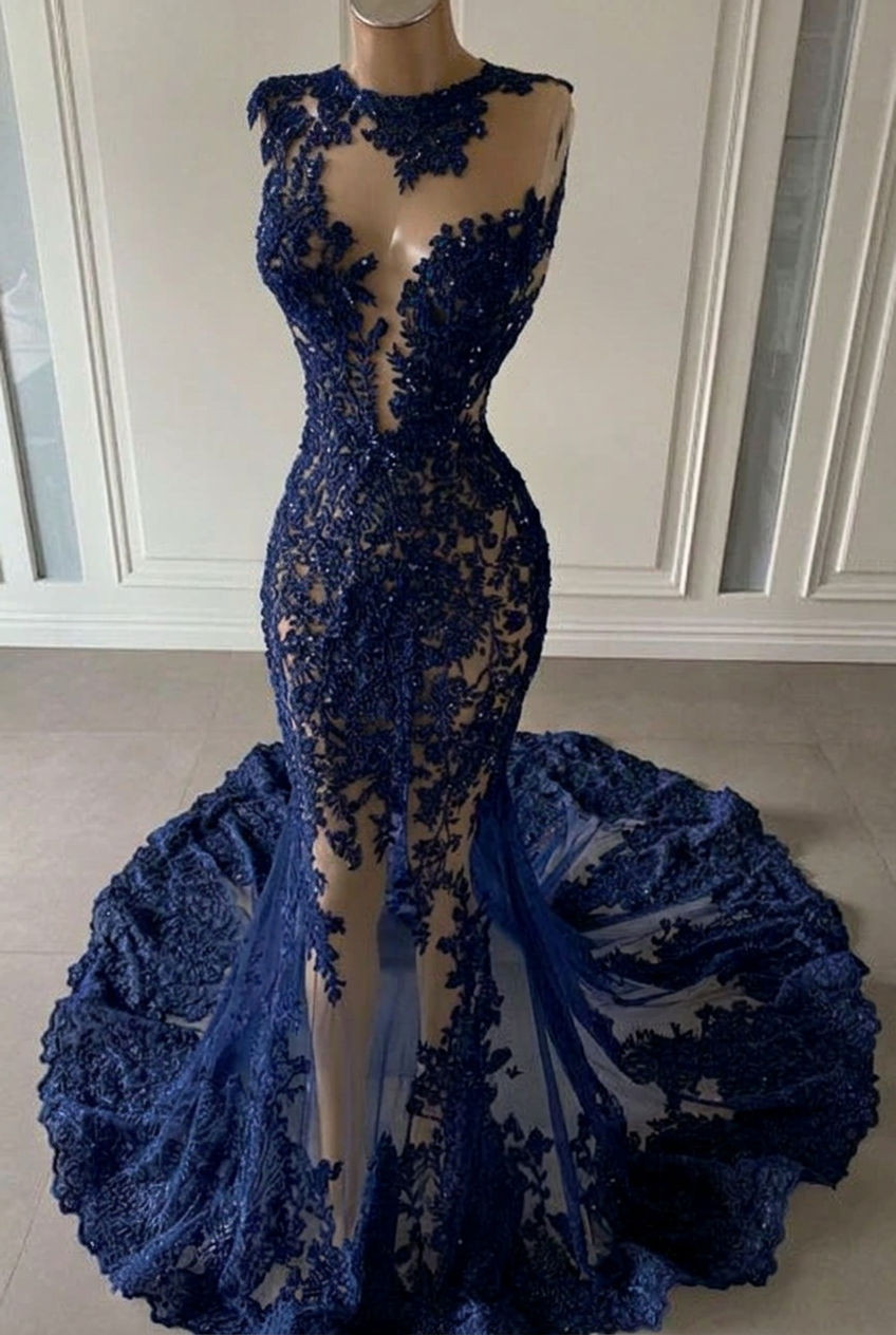 Dark navy scoop ruffled mermaid prom dress