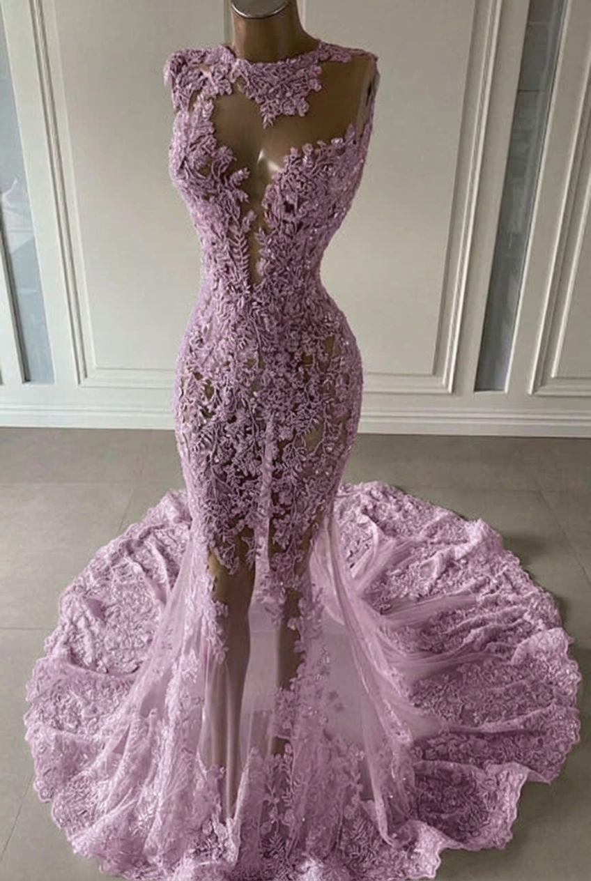 Lilac scoop ruffled mermaid prom dress