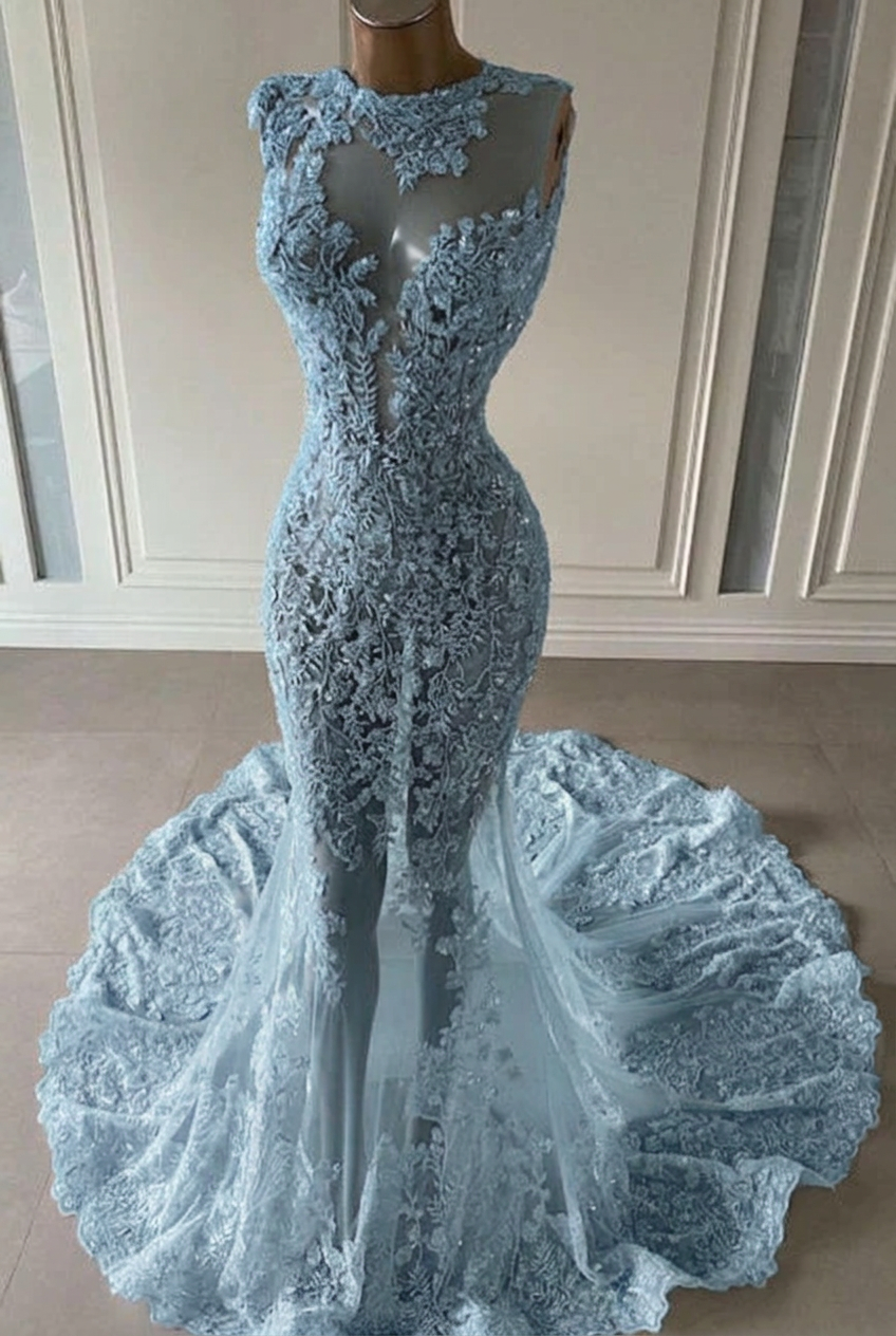 Light blue scoop ruffled mermaid prom dress