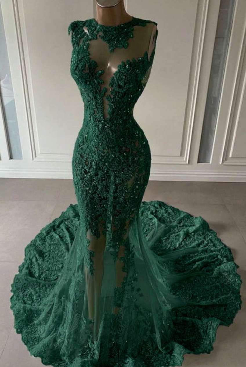 Dark green scoop ruffled mermaid prom dress