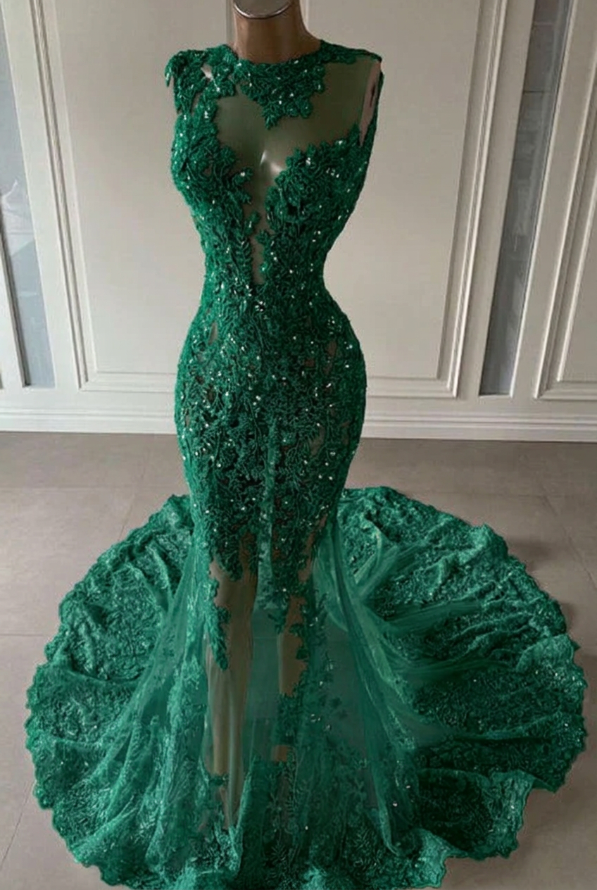 Emerald green scoop ruffled mermaid prom dress