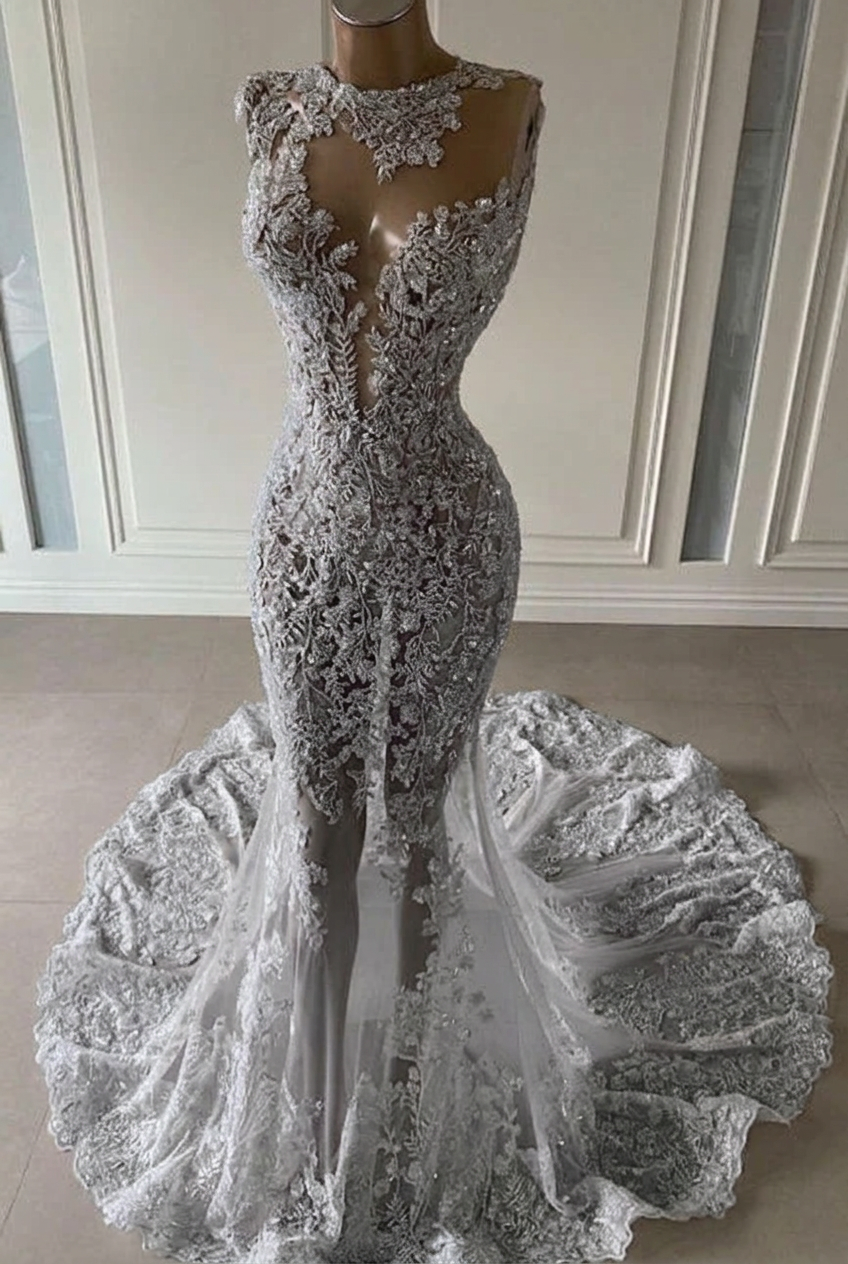 Silver scoop ruffled mermaid prom dress