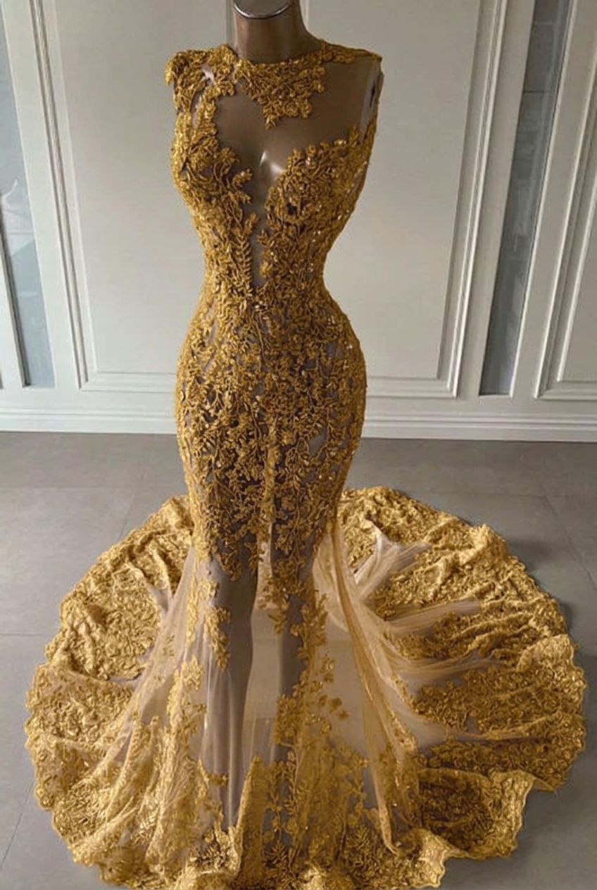 Gold scoop ruffled mermaid prom dress