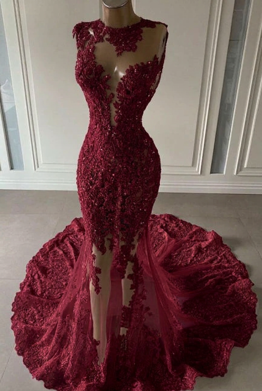 Burgundy scoop ruffled mermaid prom dress
