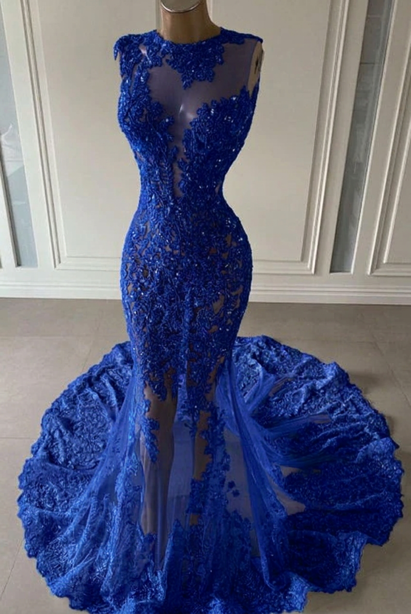 Royal blue scoop ruffled mermaid prom dress
