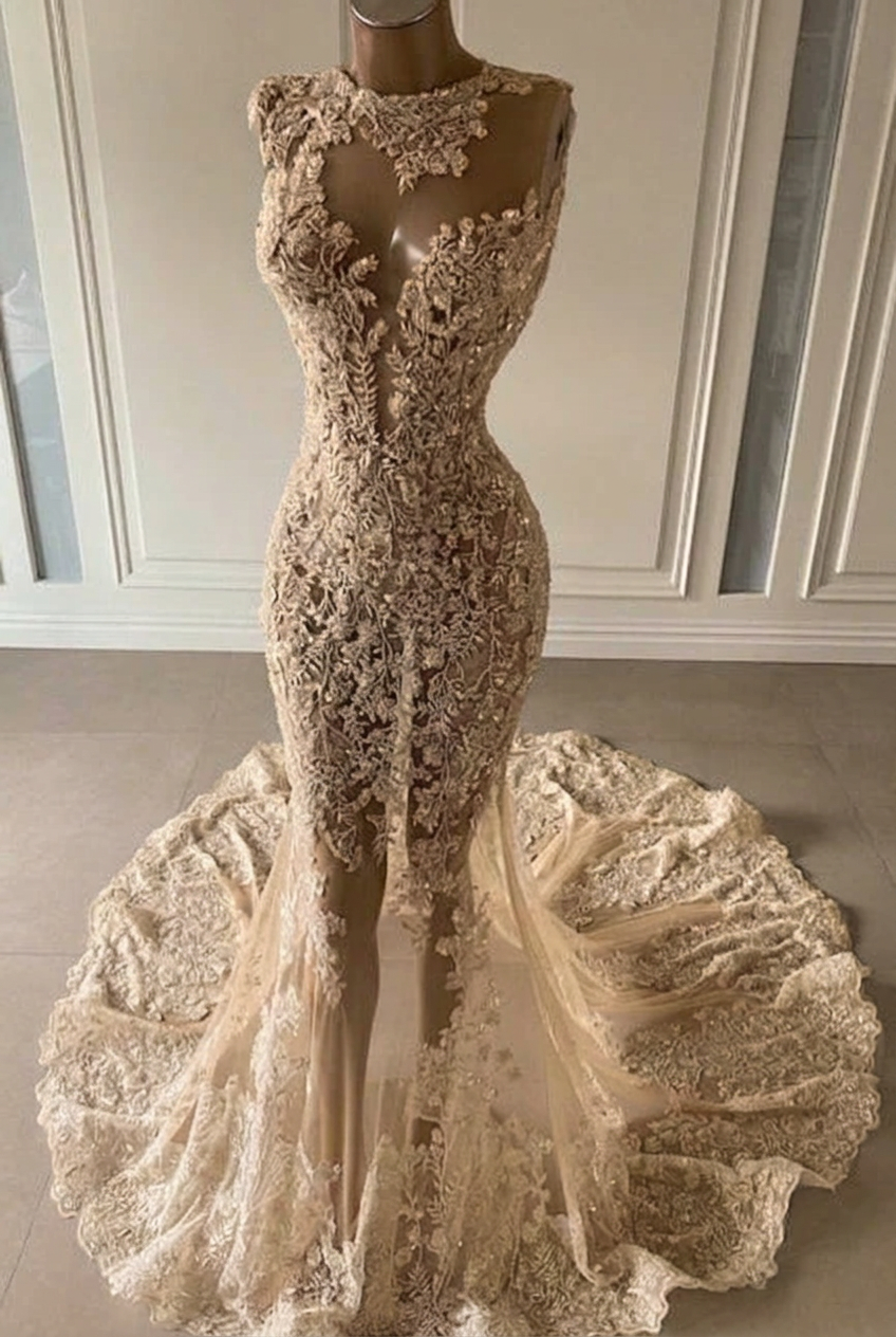Champagne scoop ruffled mermaid prom dress