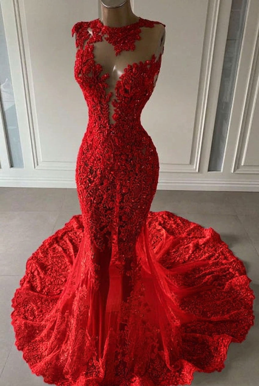 Red scoop ruffled mermaid prom dress