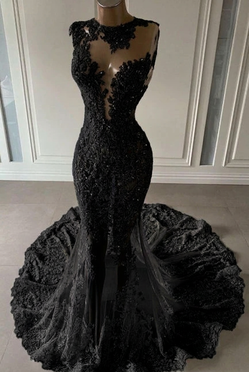 Black scoop ruffled mermaid prom dress