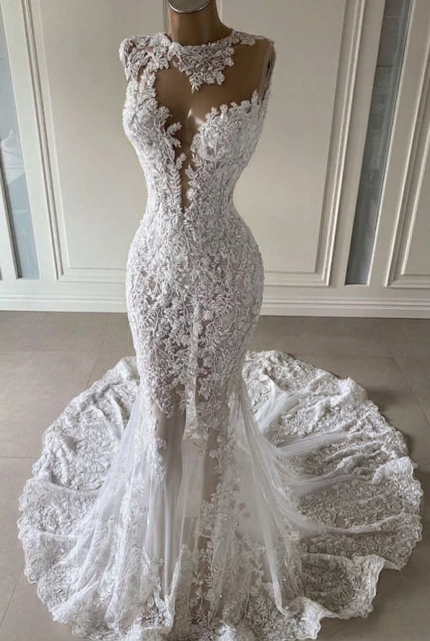 White scoop ruffled mermaid prom dress