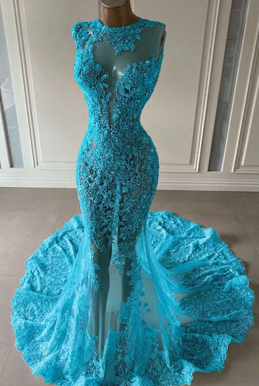Turquoise scoop ruffled mermaid prom dress