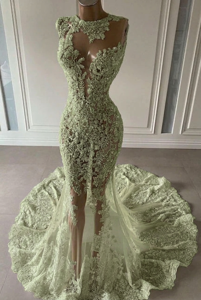 Sage scoop ruffled mermaid prom dress