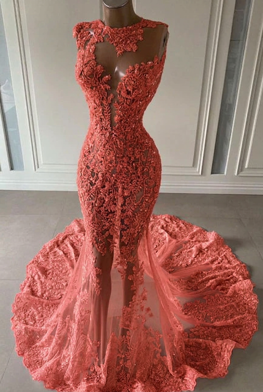 Coral scoop ruffled mermaid prom dress