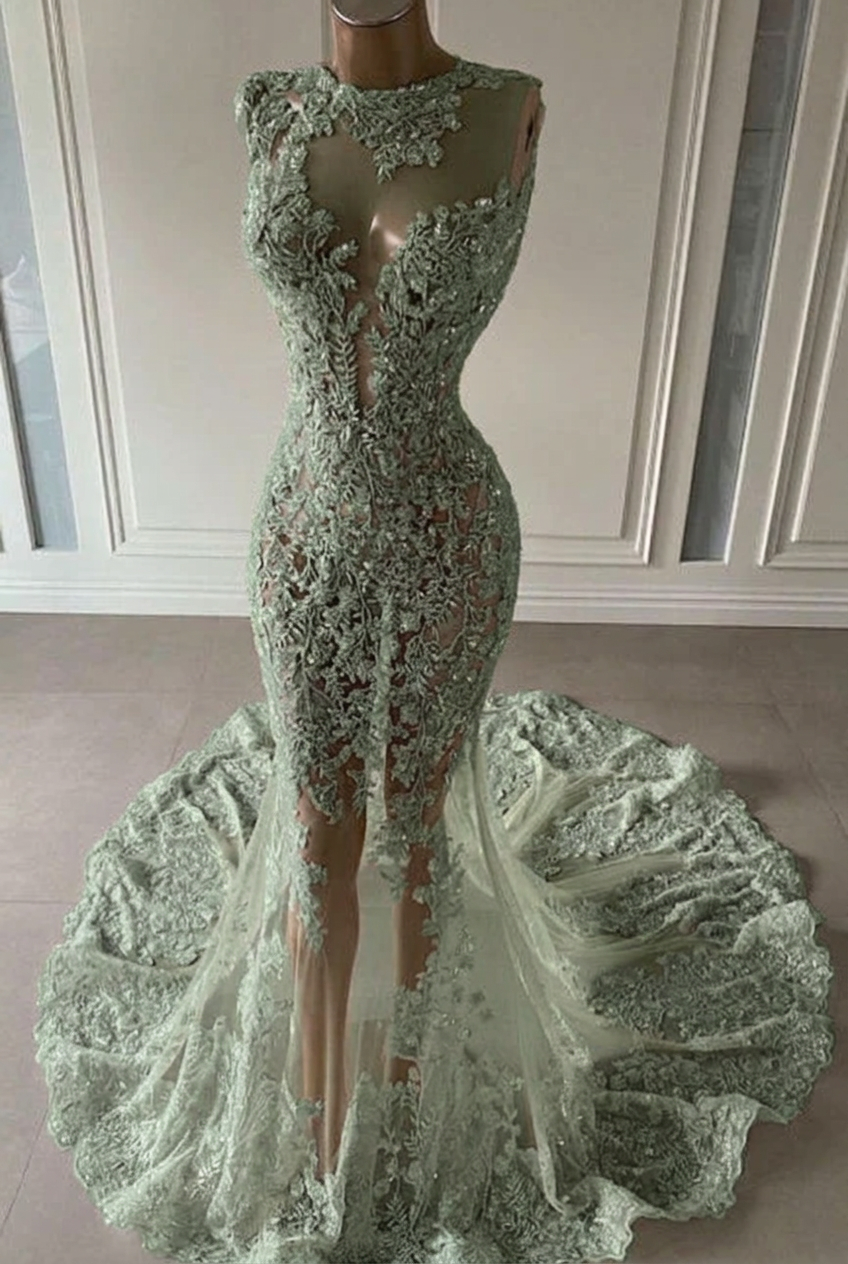 Dusty sage scoop ruffled mermaid prom dress