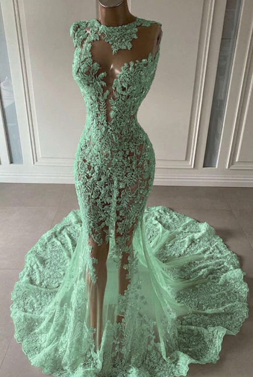Mint green scoop ruffled mermaid prom dress