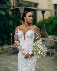 Luxury Long White Lace Long Sleeves Beaded Mermaid Wedding Dress