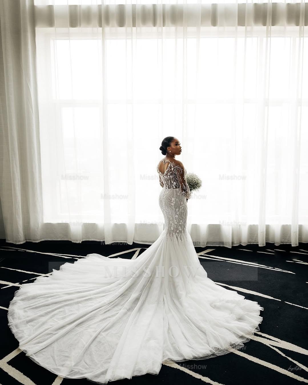 Luxury Long White Lace Long Sleeves Beaded Mermaid Wedding Dress misshow.com Luxury Long White Lace Long Sleeves Beaded Mermaid Wedding Dress misshow.com