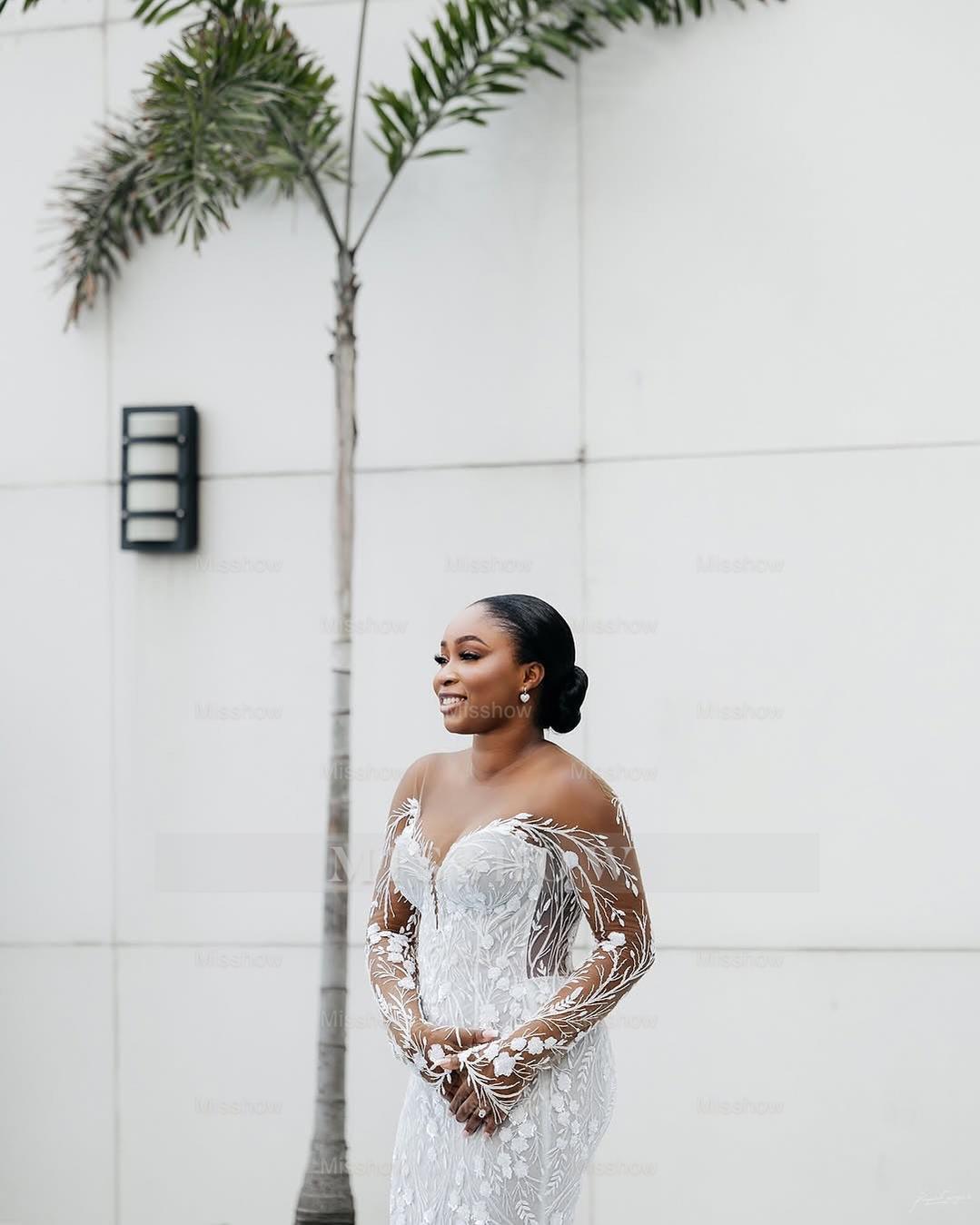 Luxury Long White Lace Long Sleeves Beaded Mermaid Wedding Dress misshow.com Luxury Long White Lace Long Sleeves Beaded Mermaid Wedding Dress misshow.com