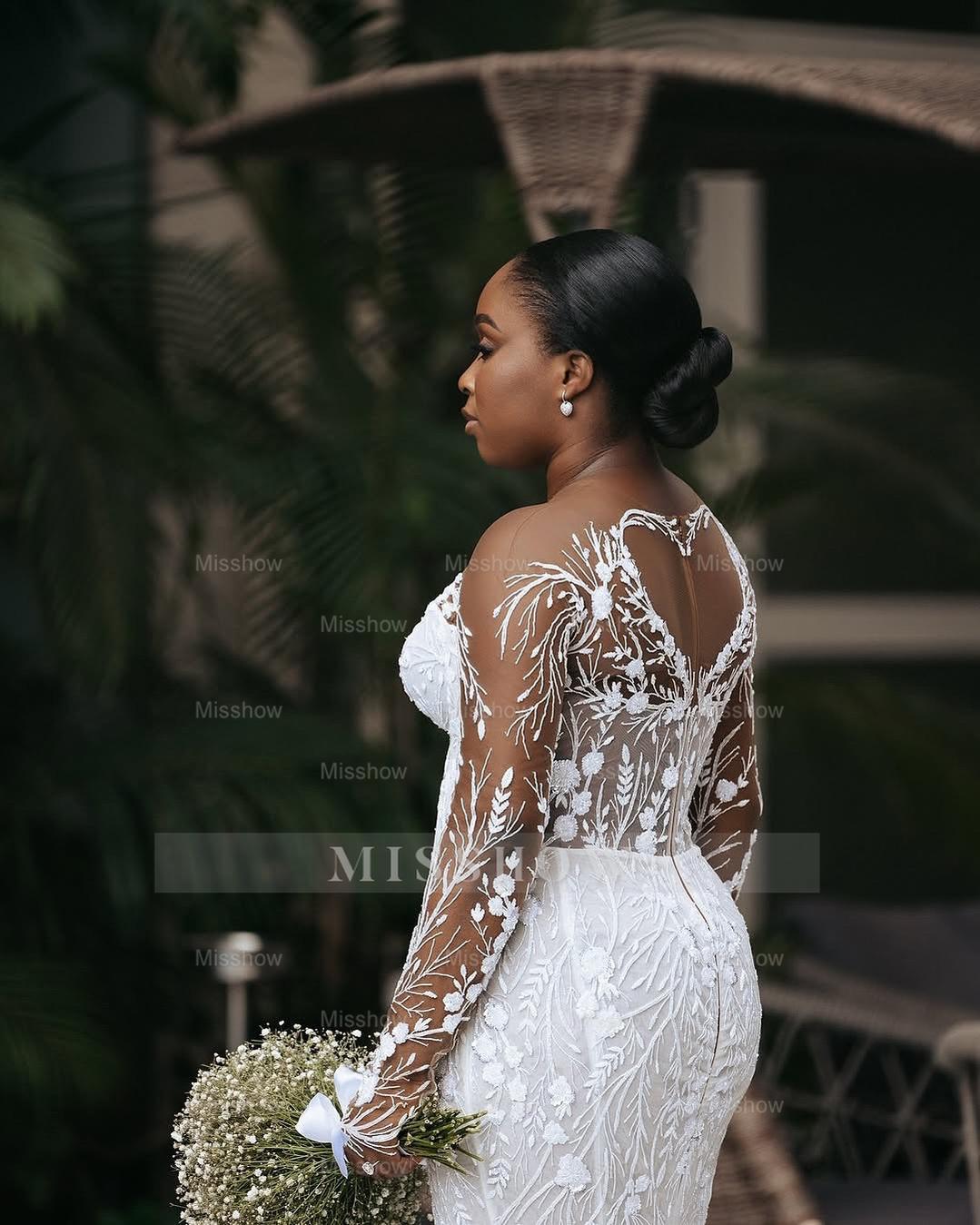 Luxury Long White Lace Long Sleeves Beaded Mermaid Wedding Dress misshow.com Luxury Long White Lace Long Sleeves Beaded Mermaid Wedding Dress misshow.com