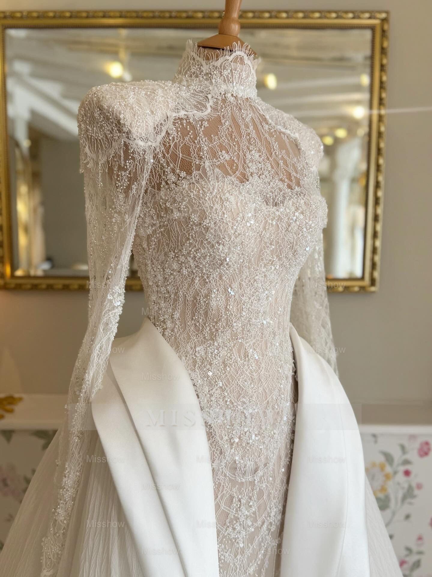 Luxury Long White Mermaid High Neck Lace Beaded Wedding Dress with Detachable Train