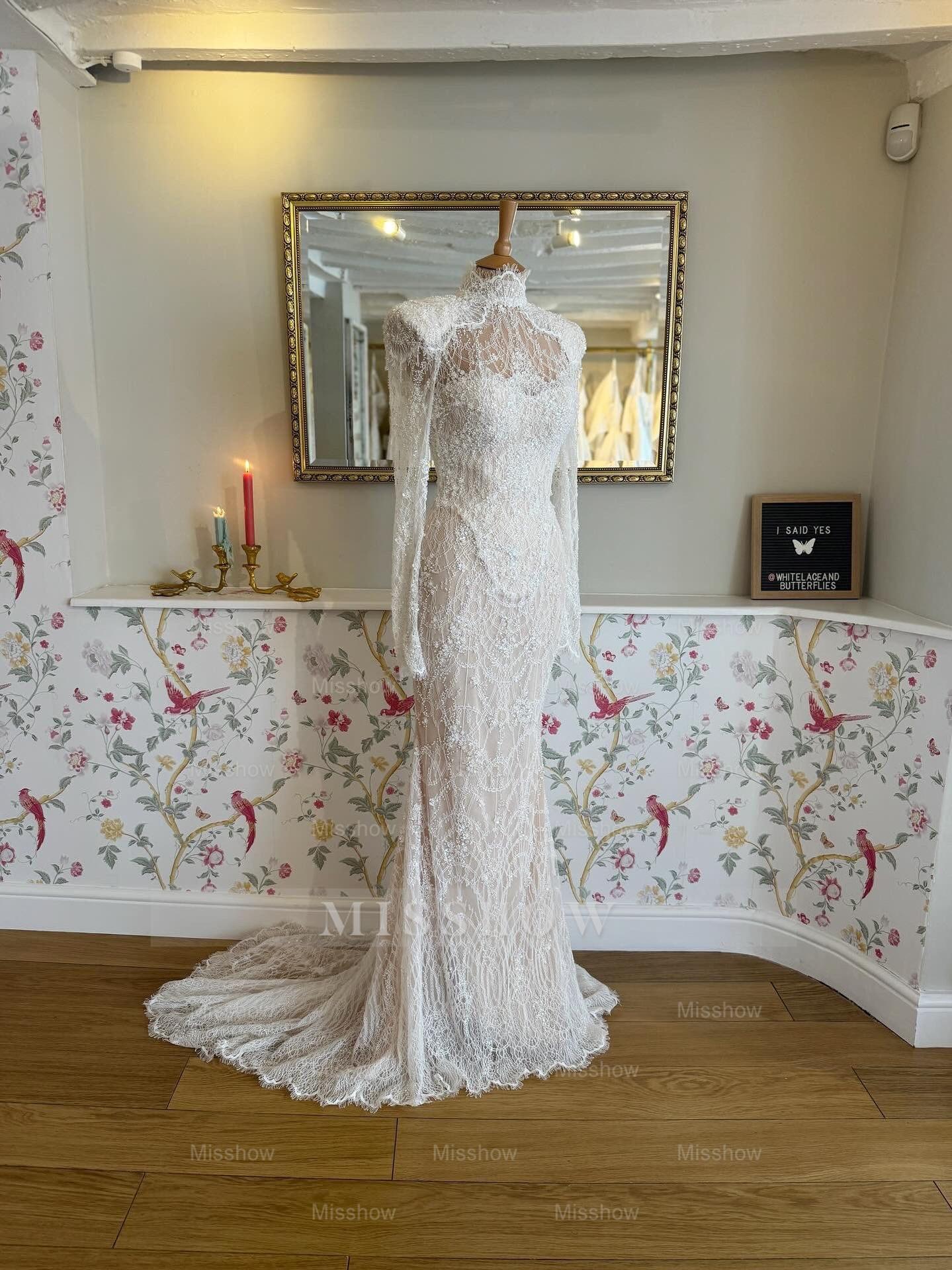 Luxury Long White Mermaid High Neck Lace Beaded Wedding Dress with Detachable Train