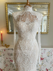Luxury Long White Mermaid High Neck Lace Beaded Wedding Dress with Detachable Train