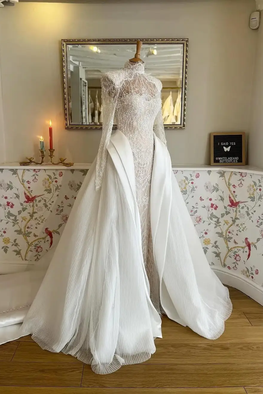 Luxury Long White Mermaid High Neck Lace Beaded Wedding Dress with Detachable Train