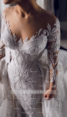 Luxury Long White Mermaid Lace Long Sleeves Wedding Dress With Detachable Train