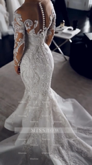 Luxury Long White Mermaid Lace Long Sleeves Wedding Dress With Detachable Train