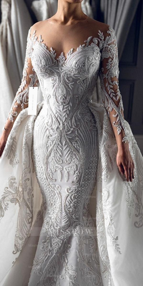 Luxury Long White Mermaid Lace Long Sleeves Wedding Dress With Detachable Train