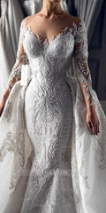 Luxury Long White Mermaid Lace Long Sleeves Wedding Dress With Detachable Train