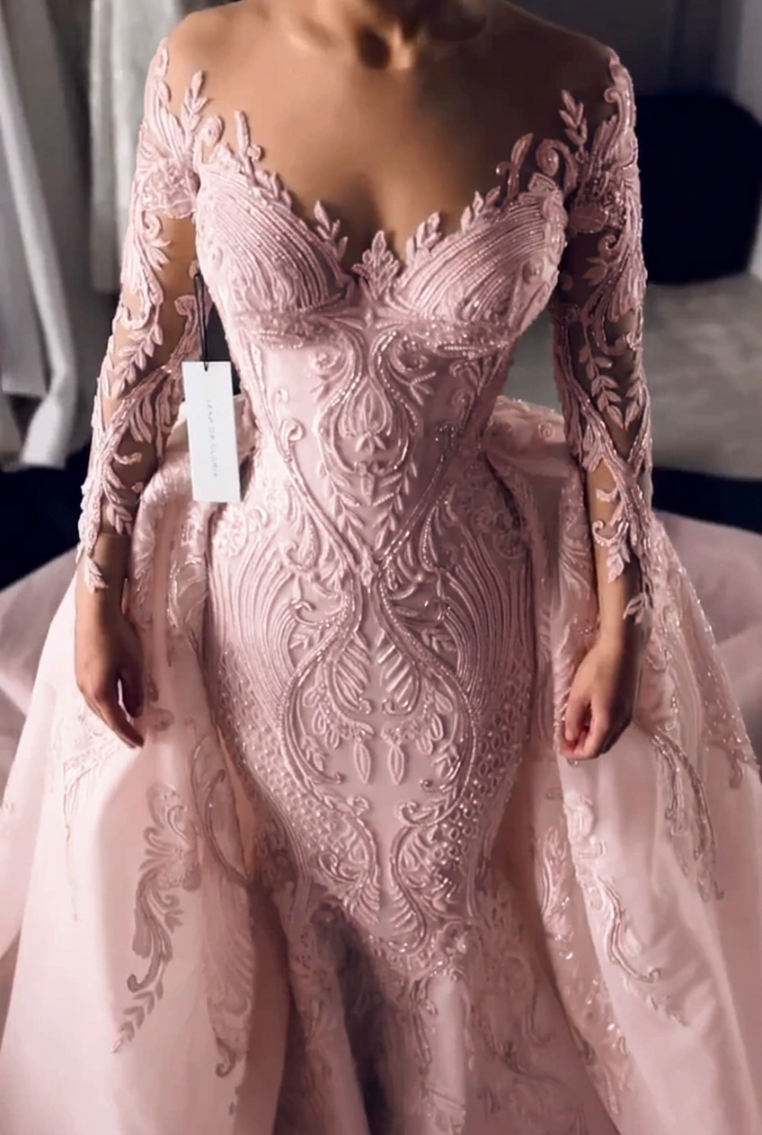 Blushing pink scoop lace mermaid wedding dress
