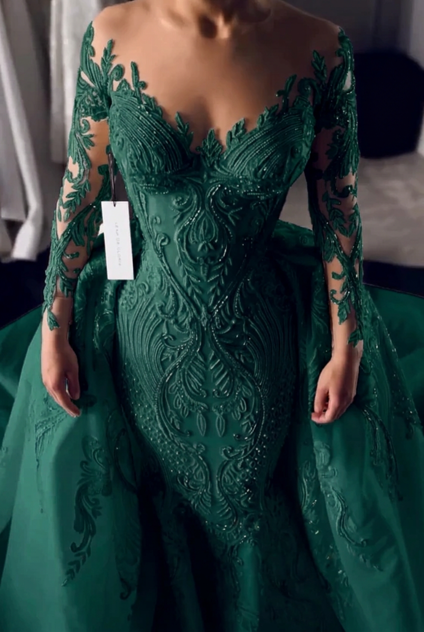 Dark green scoop lace mermaid wedding dress
