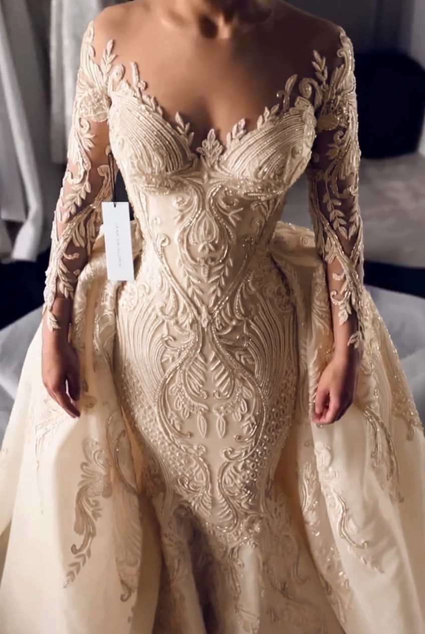 Champagne scoop lace mermaid wedding dress