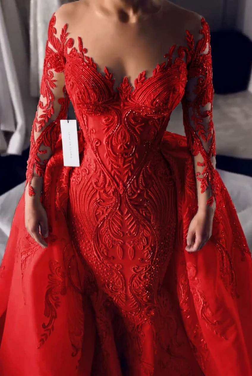 Red scoop lace mermaid wedding dress