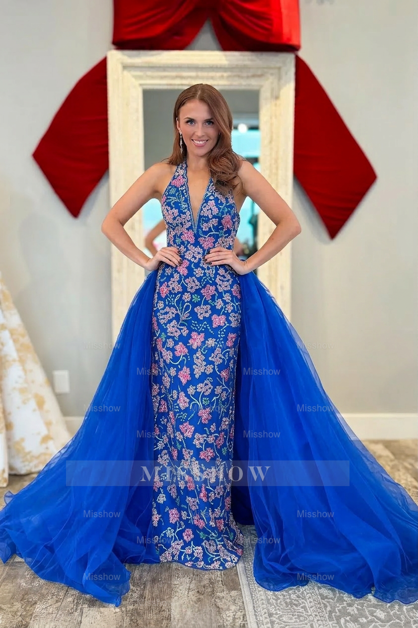 Luxury Long White V-neck Sleeveless Beaded Prom Dress with Detachable Train