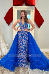 Luxury Long White V-neck Sleeveless Beaded Prom Dress with Detachable Train