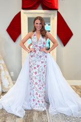 Luxury Long White V-neck Sleeveless Beaded Prom Dress with Detachable Train