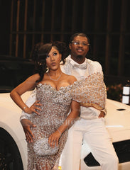 Luxury Nude Sequin Prom Dress One Shoulder Mermaid Formal Gown with Rhinestones