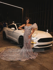 Luxury Nude Sequin Prom Dress One Shoulder Mermaid Formal Gown with Rhinestones