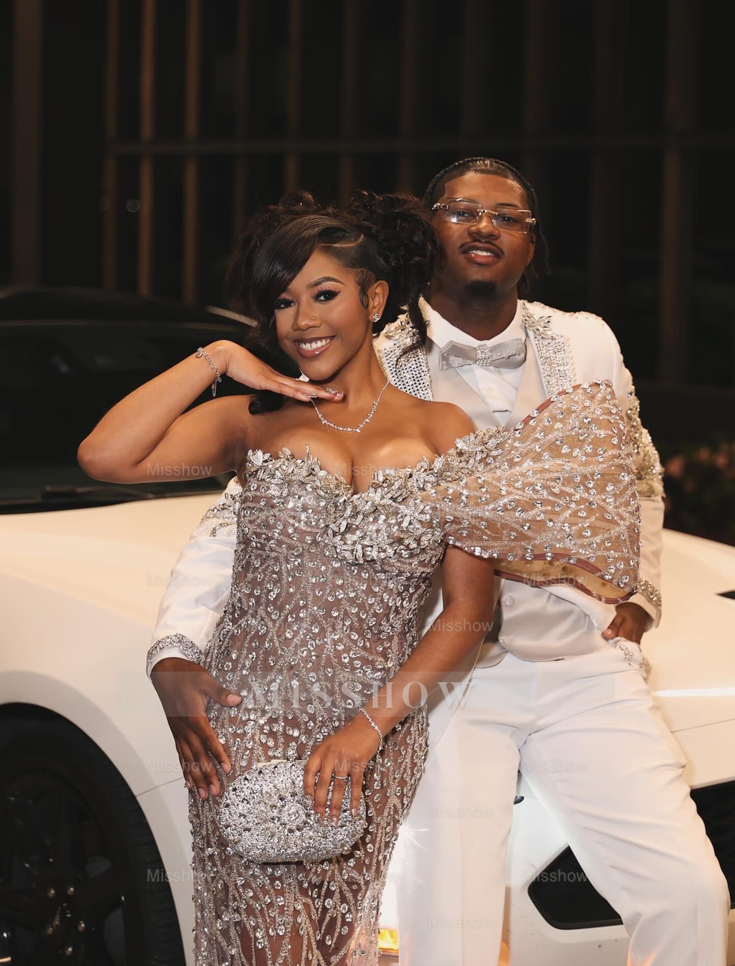 Luxury Nude Sequin Prom Dress One Shoulder Mermaid Formal Gown with Rhinestones