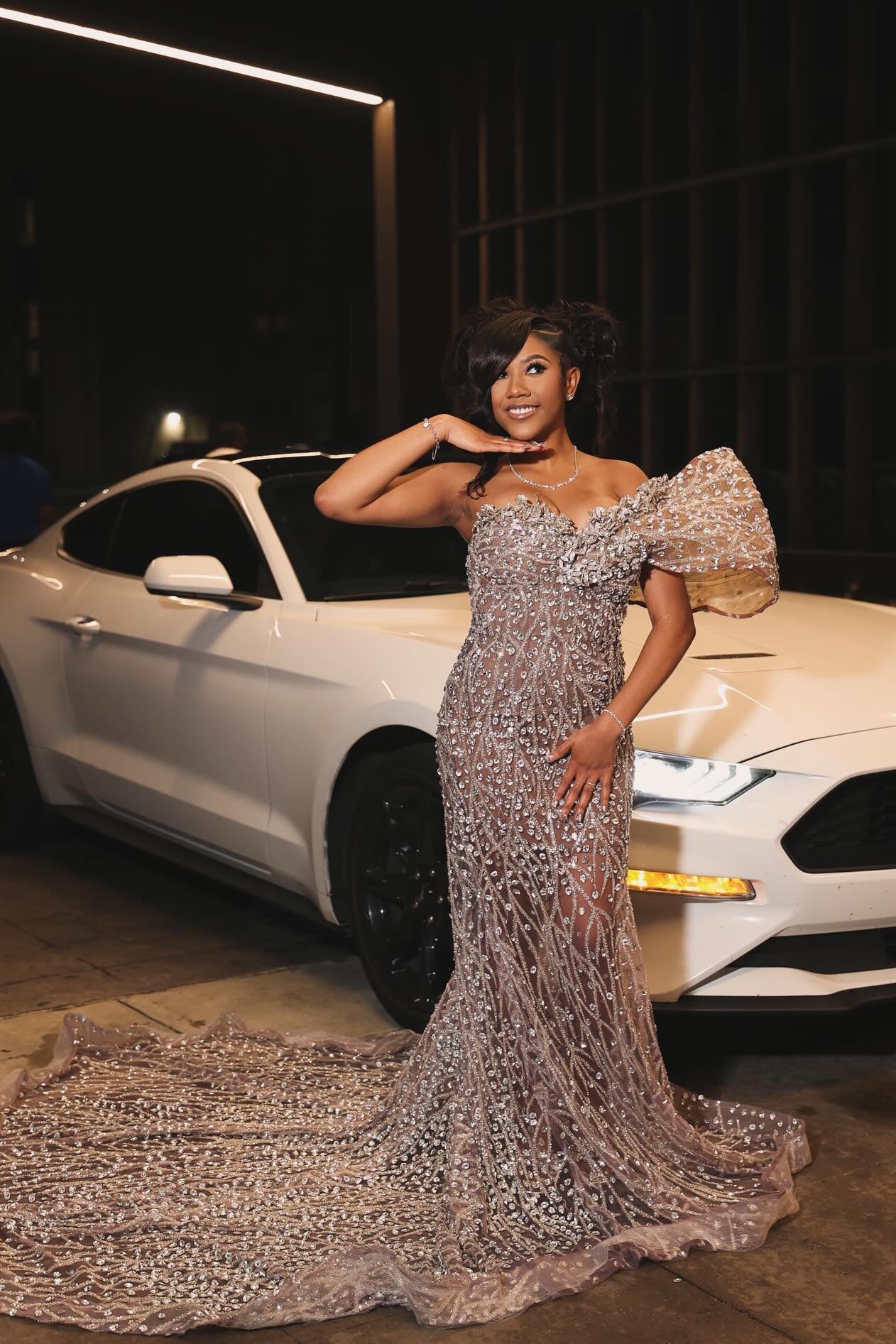 Luxury Nude Sequin Prom Dress One Shoulder Mermaid Formal Gown with Rhinestones