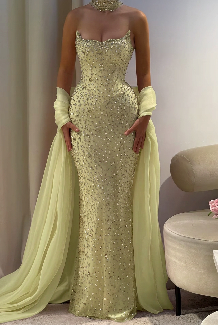 Sage strapless rhinestone column prom dress