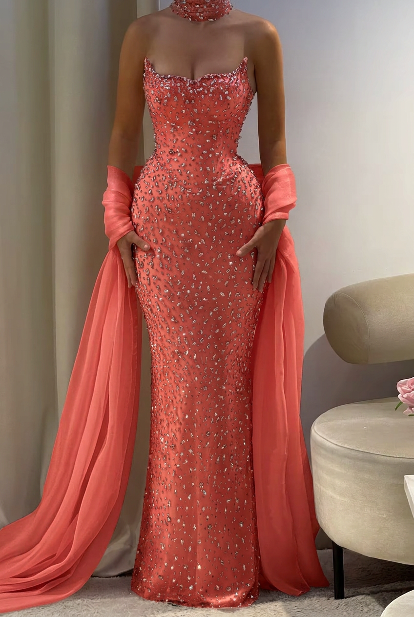 Coral strapless rhinestone column prom dress